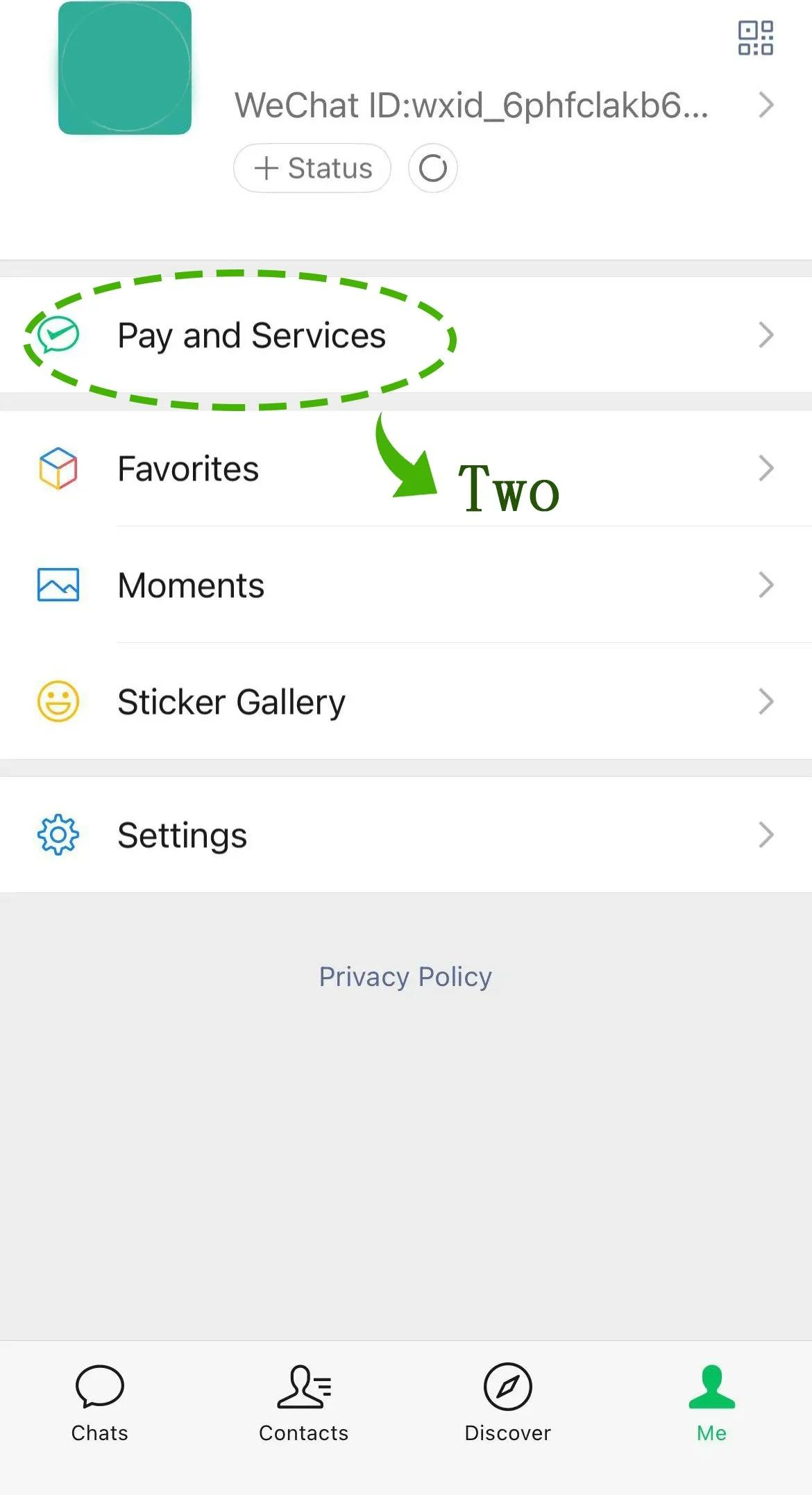 WeChat Me page �� tap Pay and Services with the green wallet icon